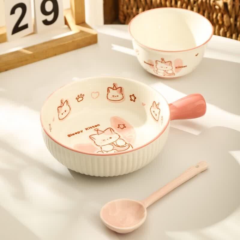 Youluo Cute Ceramic 4-Piece Single Serving Tableware Set