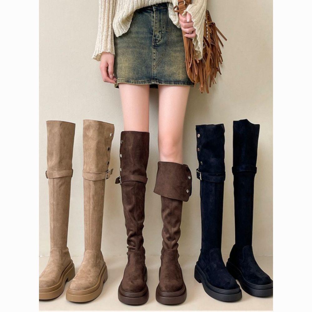 2025 Autumn/Winter Women's Chunky Heel Knee-High Foldable Boots