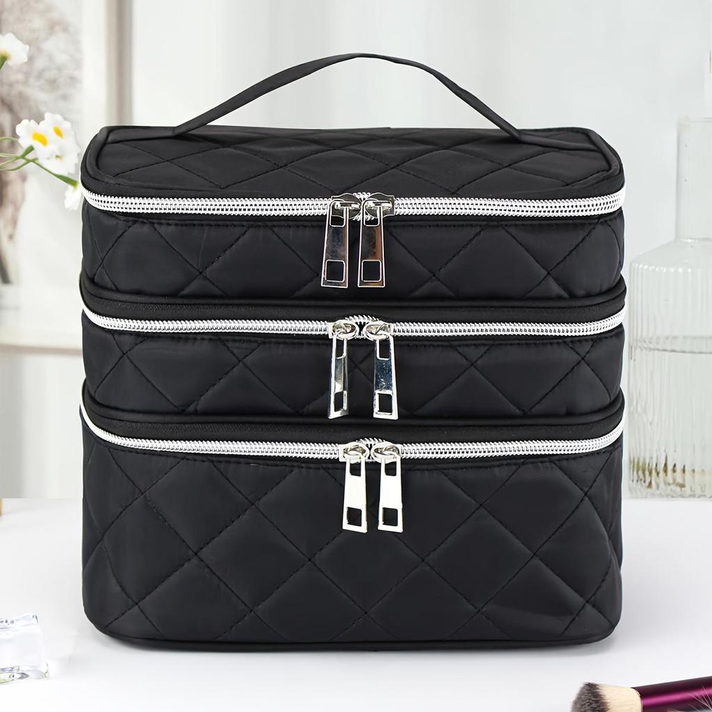 Stilvolle und leichte Kosmetiktasche mit großem Fassungsvermögen, schwarzem Gittermuster und dreilagiger Aufbewahrungstasche, tragbare Handtasche, geeignet für den Heim- und Reisegebrauch