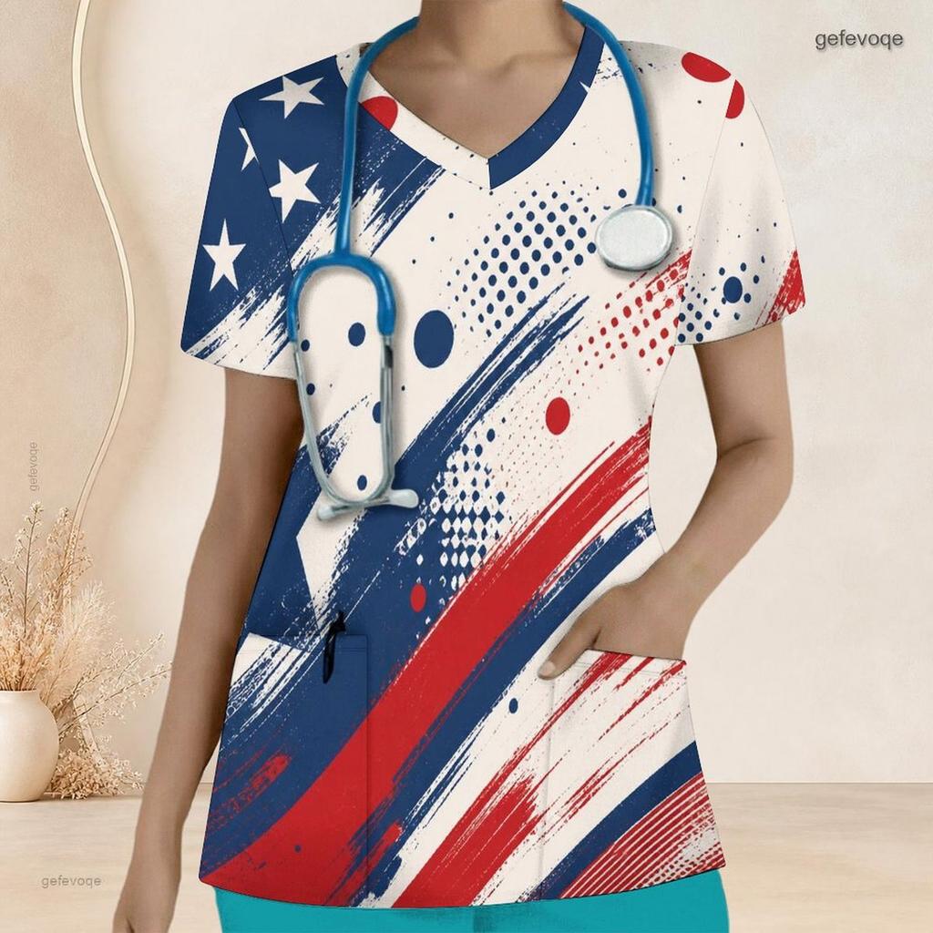 Women Plus Size V Neck Short Sleeve Scrub Top Paint Splash Patriotic Star Print Nurse Uniform Top