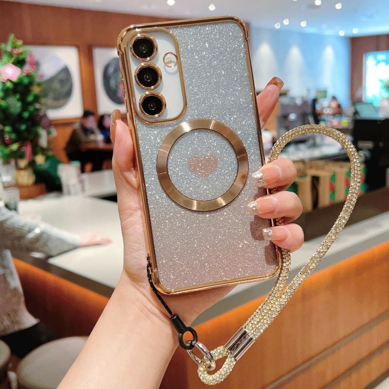 

Чехол для Samsung Galaxy S25, совместимый с MagSafe, ТПУ чехол для телефона с ремешком, градиентное сердце, блестки Gold