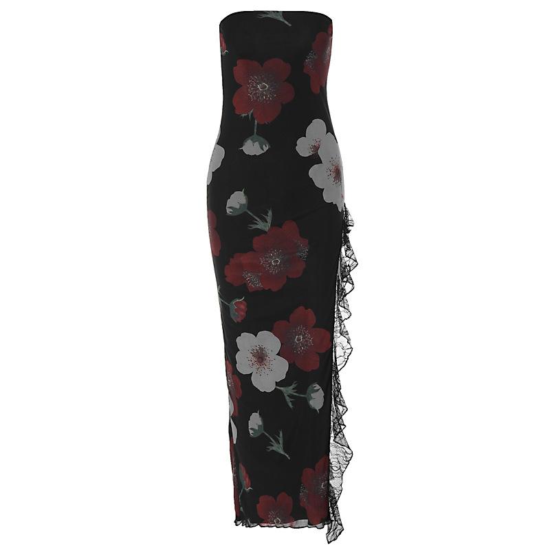 Ladies' Printed Lace Chest Wrapped Open Back Split Dress