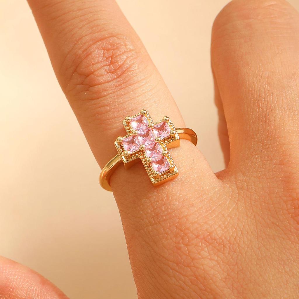 Anello in Rame Regolabile con Croce in Zirconia Colorata - Moda Lusso da Donna