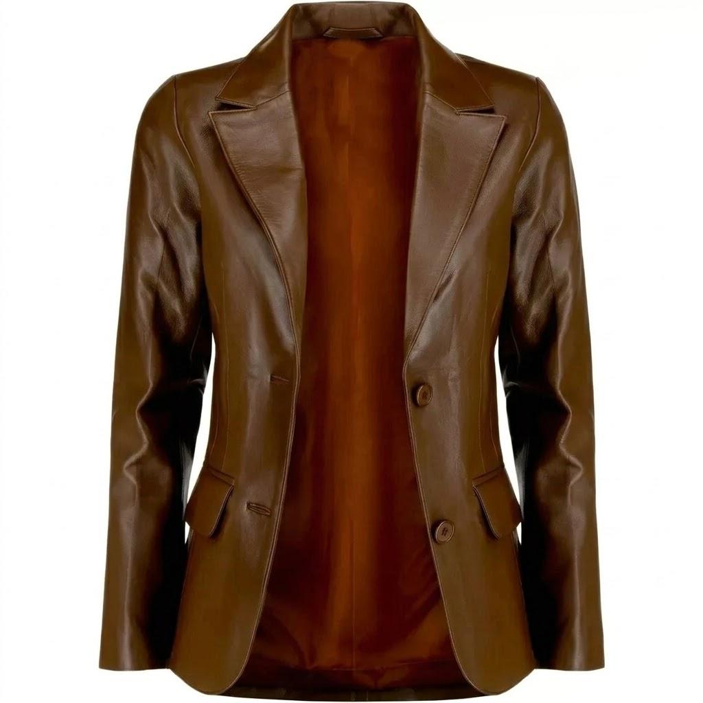 Läder Handgjord Klassisk Snygg Damkavaj Brun Tvåknäppt Äkta Lammskinn