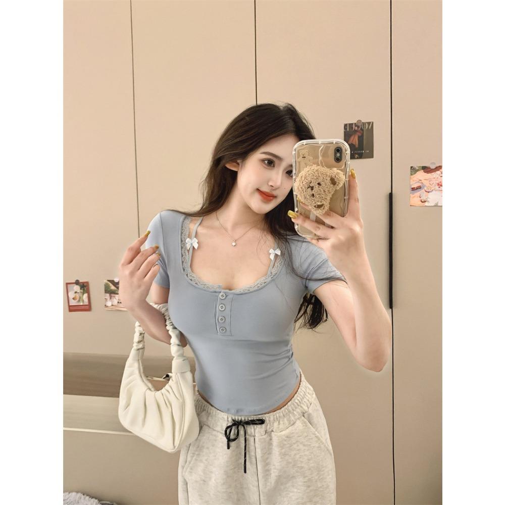 Neckholder-Spitzenbesatz, Schleife, süßes schwarzes Y2K-T-Shirt für Damen mit Knopfleiste, schmale Kurzarm-T-Shirts in Weiß, süße Balletcore-Kleidung