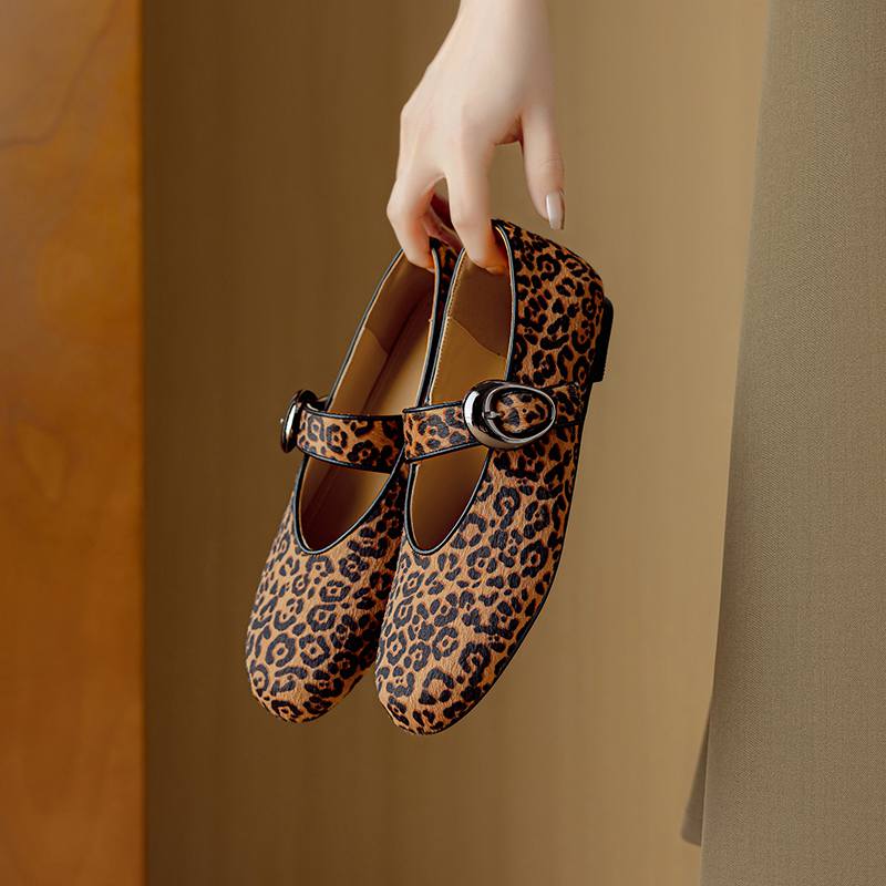 Krazing Pot Piele de Oaie Suedeză Vară Mărimea 40 păr de cal leopard mary janes Tocuri Joase vârf rotund Balerini eleganți decupați