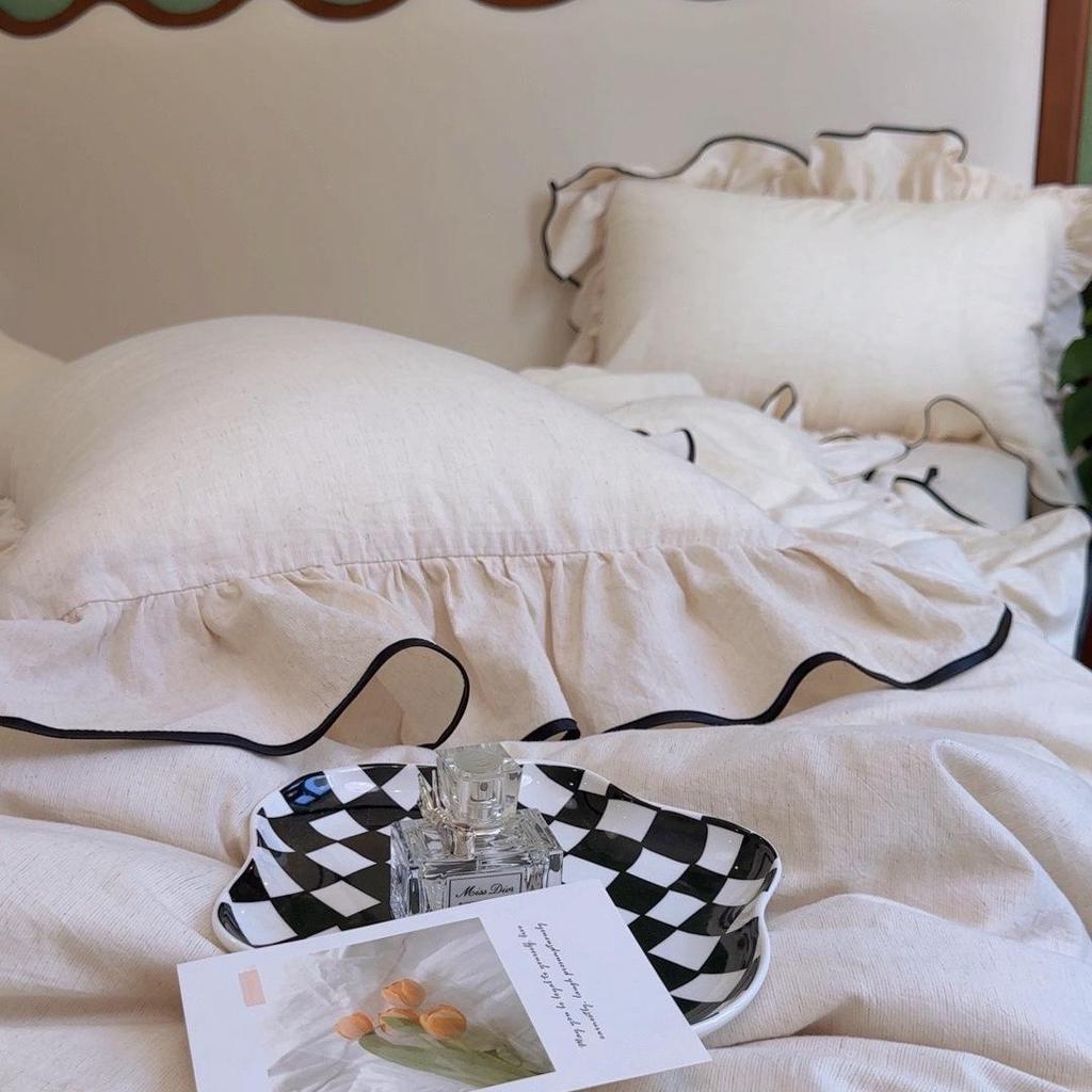 French Large Lace Cotton & Linen 4-Piece Set: Soft, Skin-Friendly Solid Color Bedding with Fitted Sheet