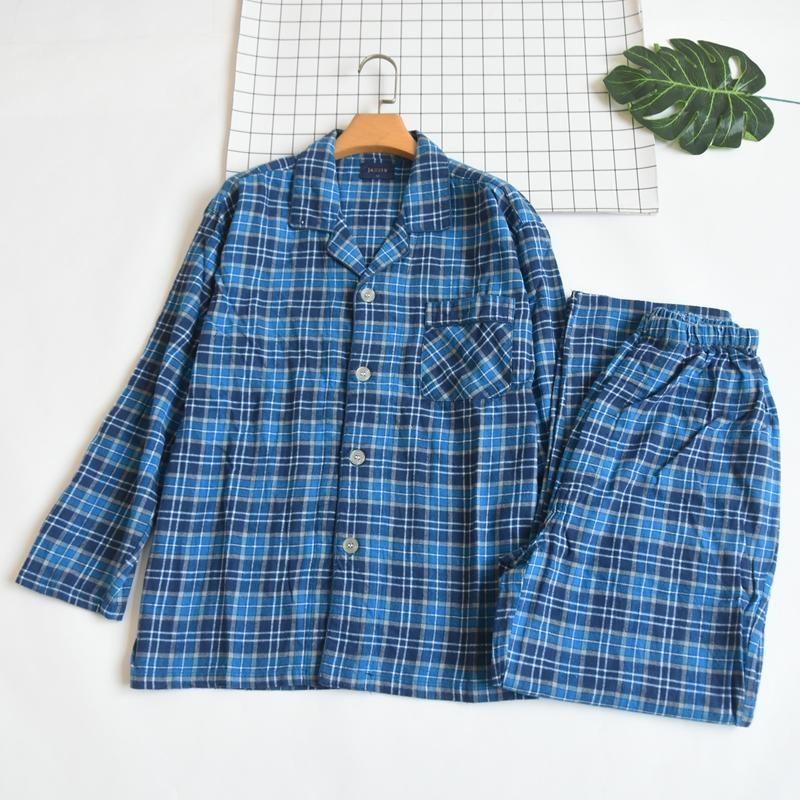 Japanese Spring and Autumn Men Pure Cotton Plaid Lapel Placket Loose Casual Pajamas Full Cotton Thin Section Homewear Suit