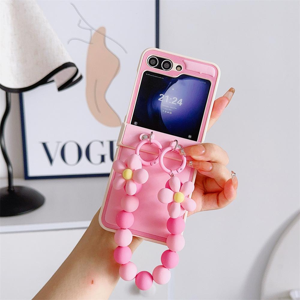 Phone Case with Hinge Protection & Beads Wrist Strap Bracelet For Samsung Galaxy Z Flip 6 5 4 3 5G Hard Plastic PU Leather Cover