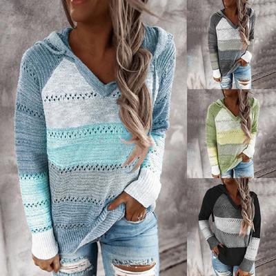 Mode Frauen Casual Patchwork V-ausschnitt Lange Ärmel Mit Kapuze Pullover Bluse Tops