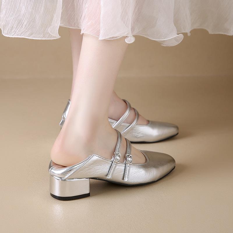 Coarse heel silver single shoes women's 2025 new spring and autumn with skirt evening shoes Mary Jane high heels low heel small leather shoes