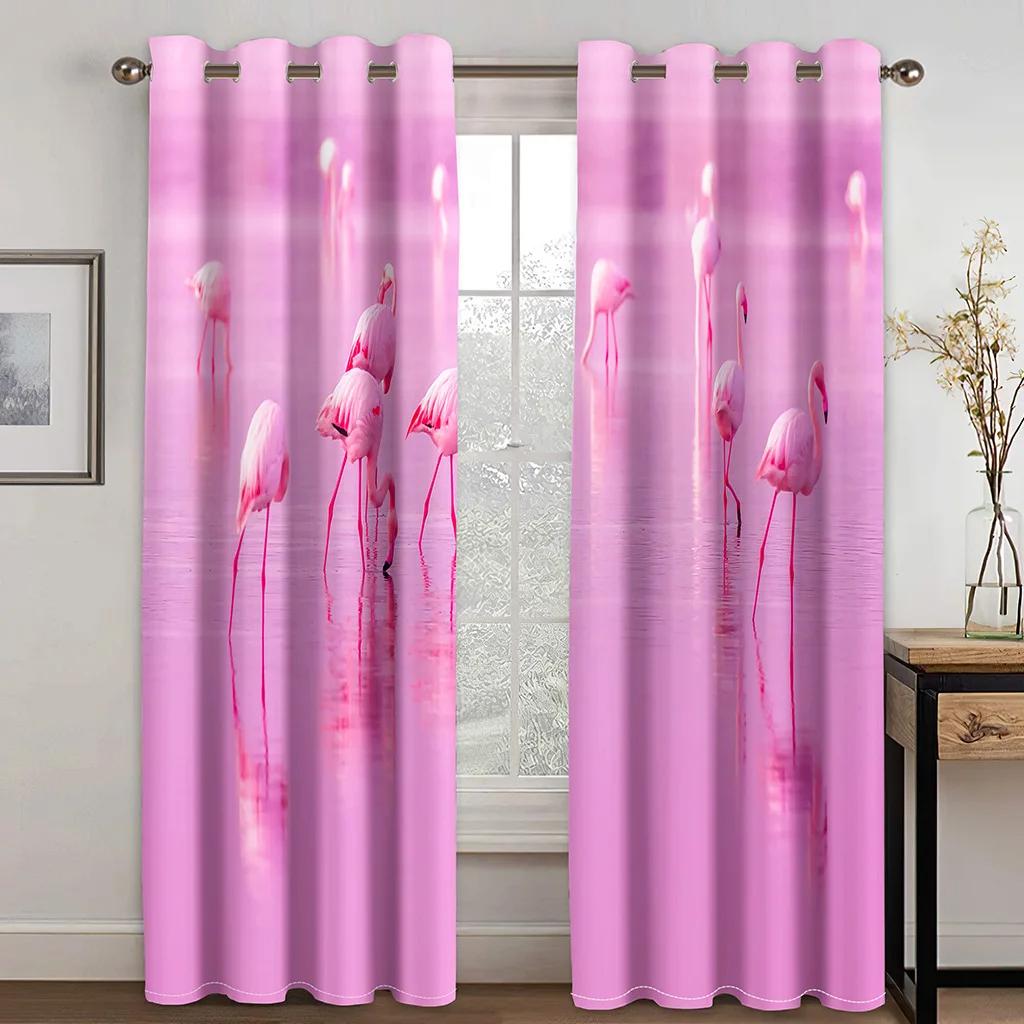 High Quality Flamingo Beach Sea Print Thick Blackout Curtain Pink Animal for Living Room Window High Shading Curtains New Drape