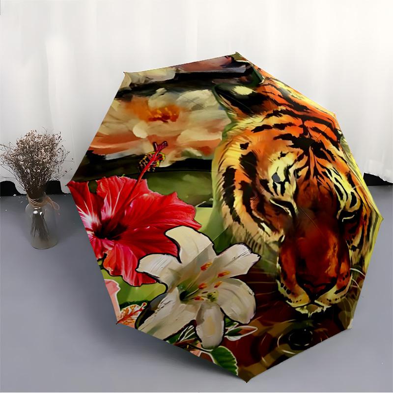 1pc Tiger Flowers Automatic Folding Umbrella Automatic Open/Close, 8-Rib Durable Frame, Compact Travel Umbrella Suitable024