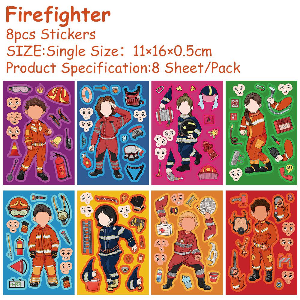 8 Sheets Cartoon Firefighter Face Swap Stickers for Laptops, Motorcycles, and Helmets 8 Sheets