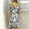 Women Plus Size White Off Shoulder Short Sleeve Tie Cuff Floral Printed A Line Dress