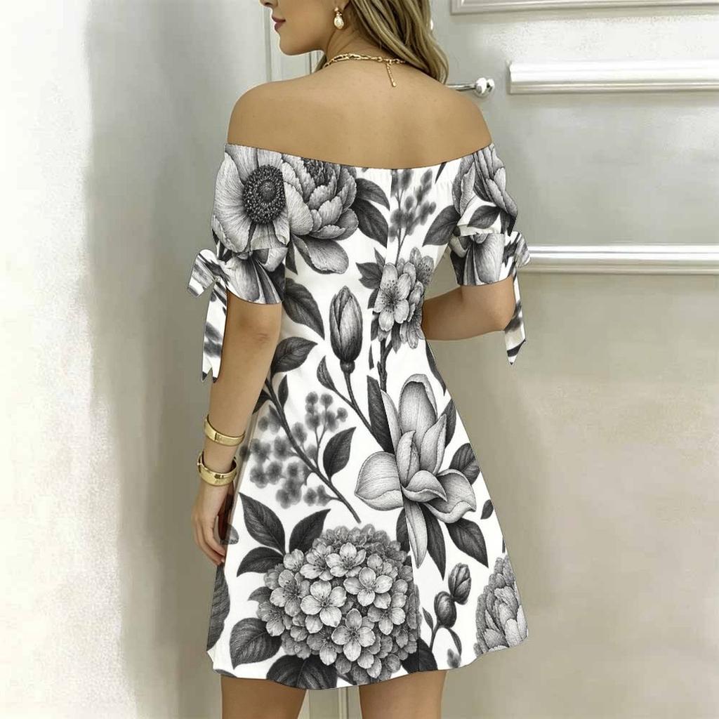Women Plus Size White Off Shoulder Short Sleeve Tie Cuff Floral Printed A Line Dress