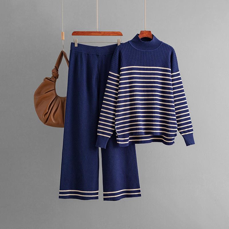 Fall Winter Lazy Wind Loose High Collar Pulllover Sweater Suit Women's Stripe Long Sleeve Knit Wide Leg Pants Two Piece Set