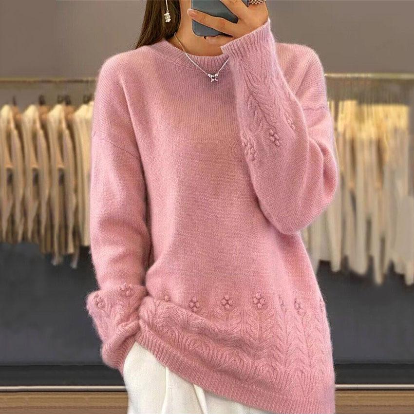 Cozy 3D Embroidered Floral Sweater for Women Loose Fit Long Sleeve Pullover, Light Blue Round Neck Sweater for Fall & Winter