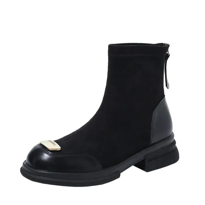 Women's Fashion Boots Round Toe Mid Heel Spring/autumn Ankle Ladies Shoes Solid Sewing Concise Women Boots Metallic Sequins 2024