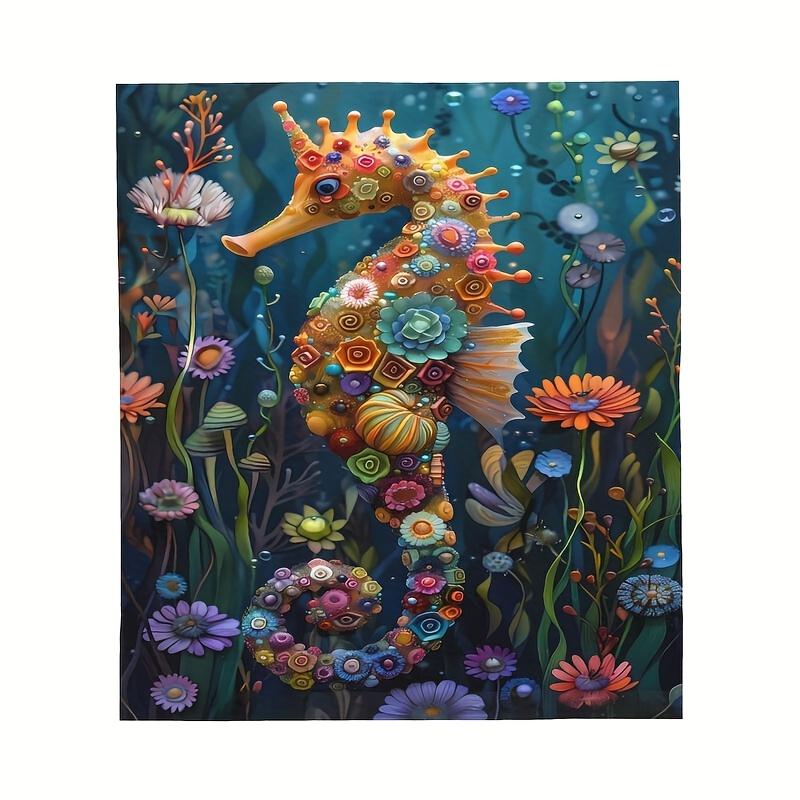 Floral Seahorse Digital Print Flannel Blanket, Shawl Blanket, Soft, Warm, Lightweight,Machine Washable, All Season,Multi-purpose