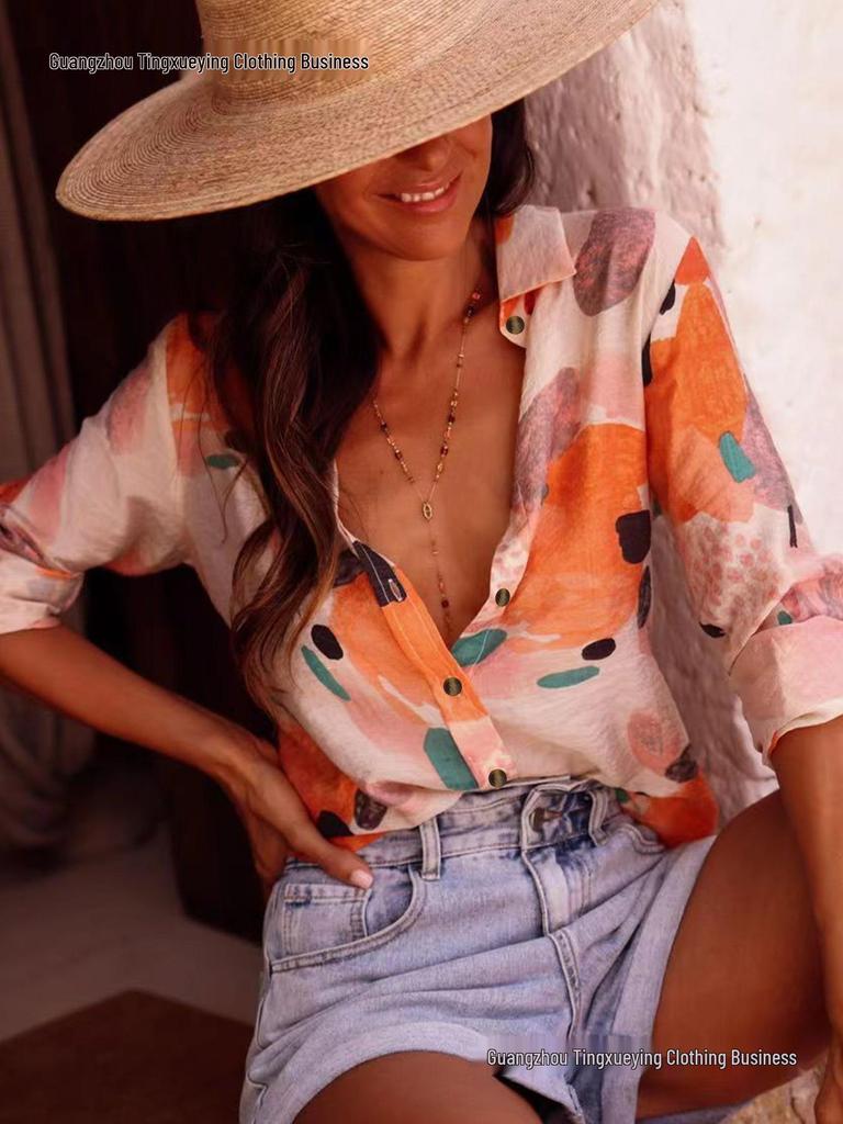 European Summer Casual Women's Long Sleeve Printed Lapel Shirt