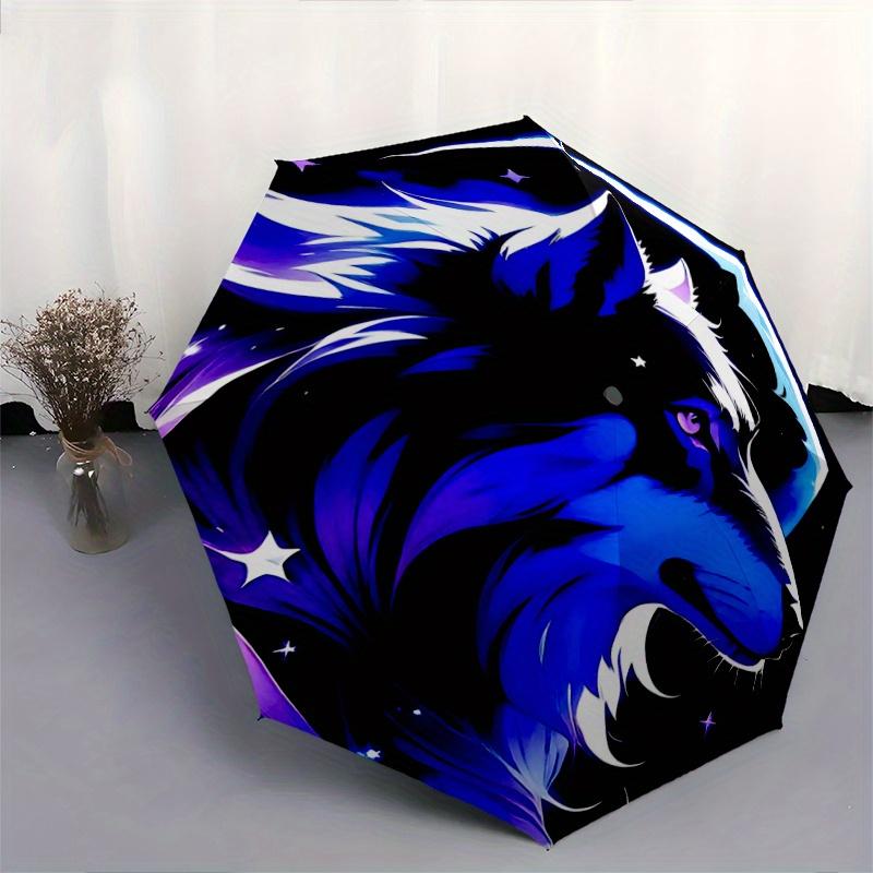 1pc Midnight Wolf Pattern Automatic, 8 Iron Frames, High-Value Folding Umbrella, Suitable for Office, Travel and Outdoor Adventure.A105