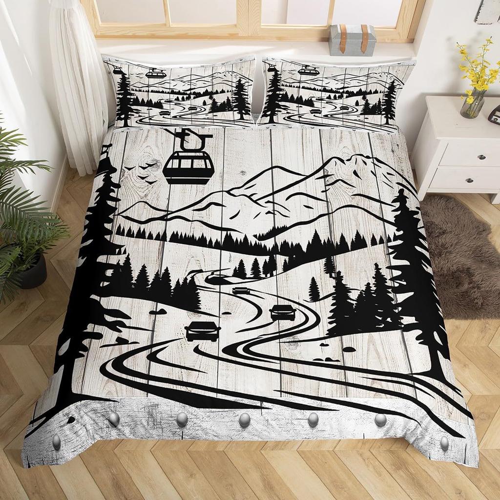 Ski Theme Duvet Cover Green Pine Cable Car Bedding Set Country Style Three-Piece Set