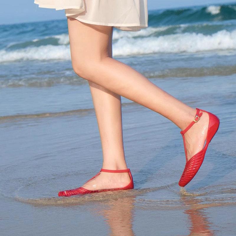 Fashion Flat Rain Shoes for Women 2025 New Toe Sandals Summer Anti Slip Flat Bottom Soft  Roman Vacation Beach Shoes Jelly Shoes