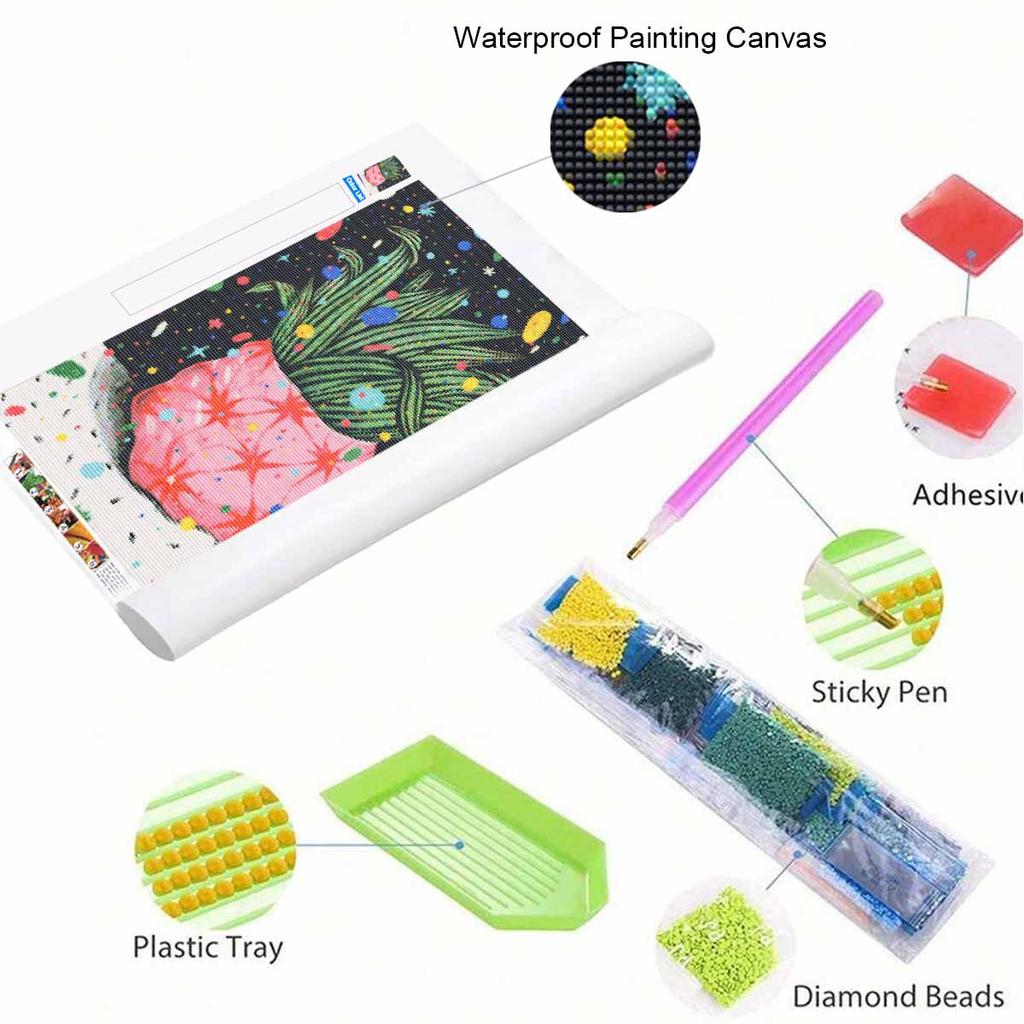 DIY 5D Diamond Art Kit Cosmic Potted Plant Pattern Rhinestone Canvas Painting for Modern Bedroom Living Room Wall Decor Full Drill Set