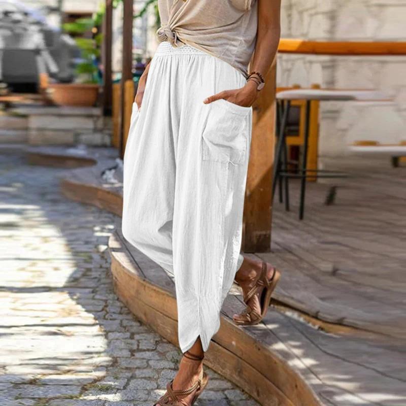Summer New Casual Fashion Solid Linen Harem Pants Women Loose Pocket Wide Leg Radish Ankle-length Trousers Female Bloomers