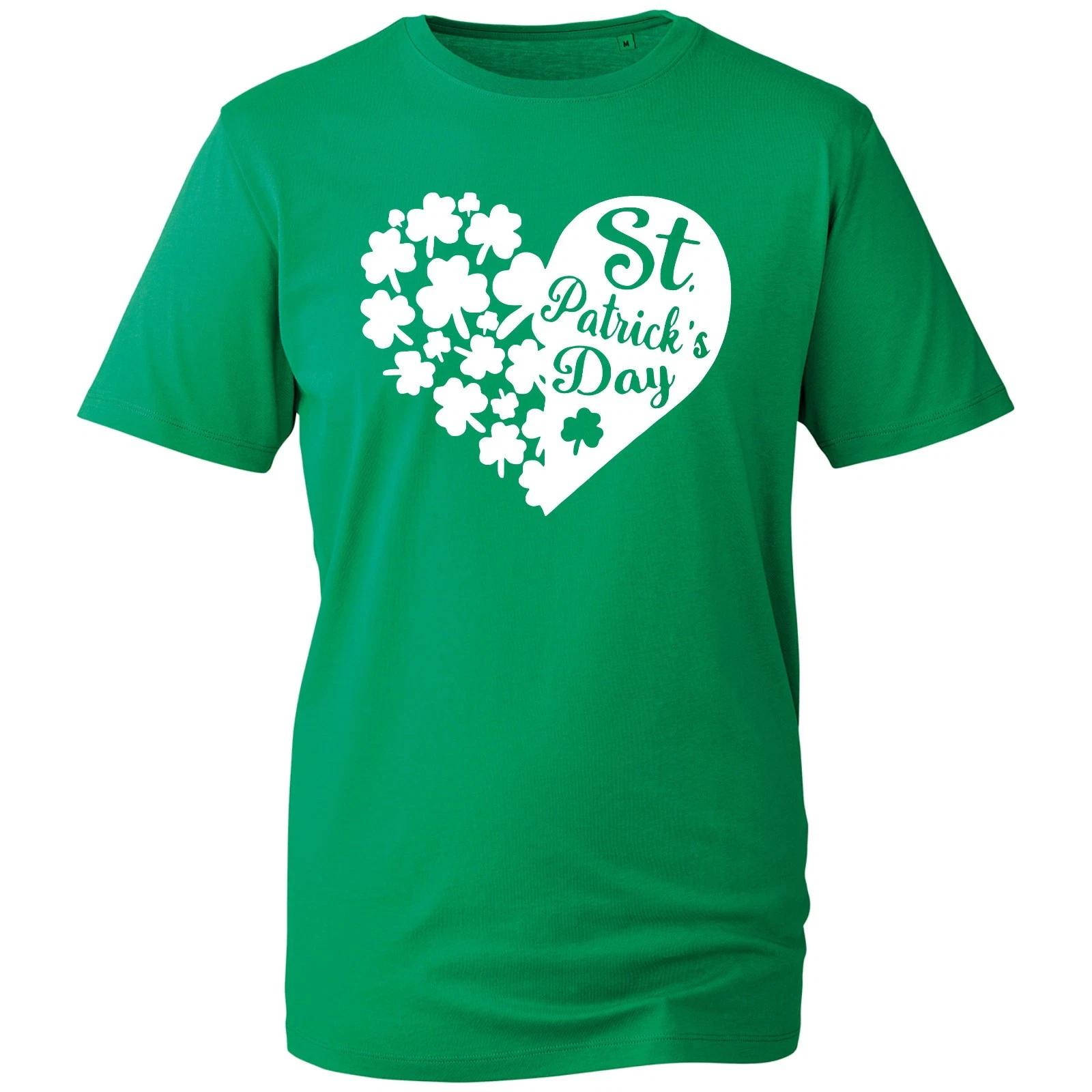 St Patrick s Day Green T-Shirt, White Shamrock Heart Irish Unisex Holiday Tee S