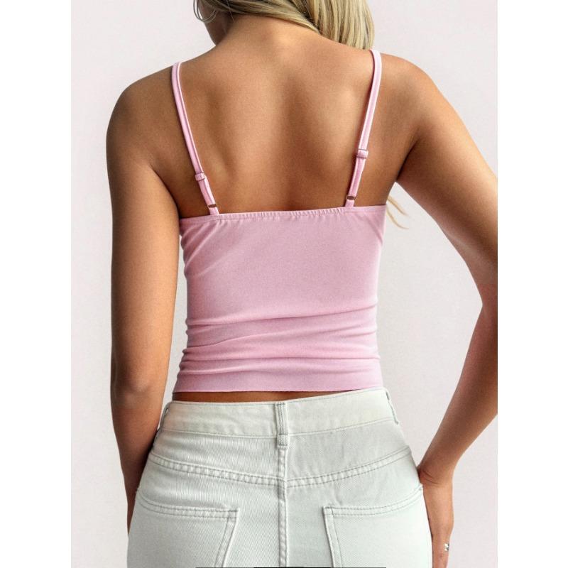 Women Lace Trim V Neck Spaghetti Strap Fitted Crop Cami Top