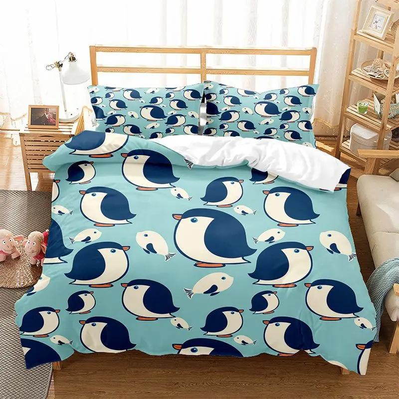 Cartoon Penguin Pattern Three-Piece Digital Printing Duvet Set Suitable For Boys And Girls