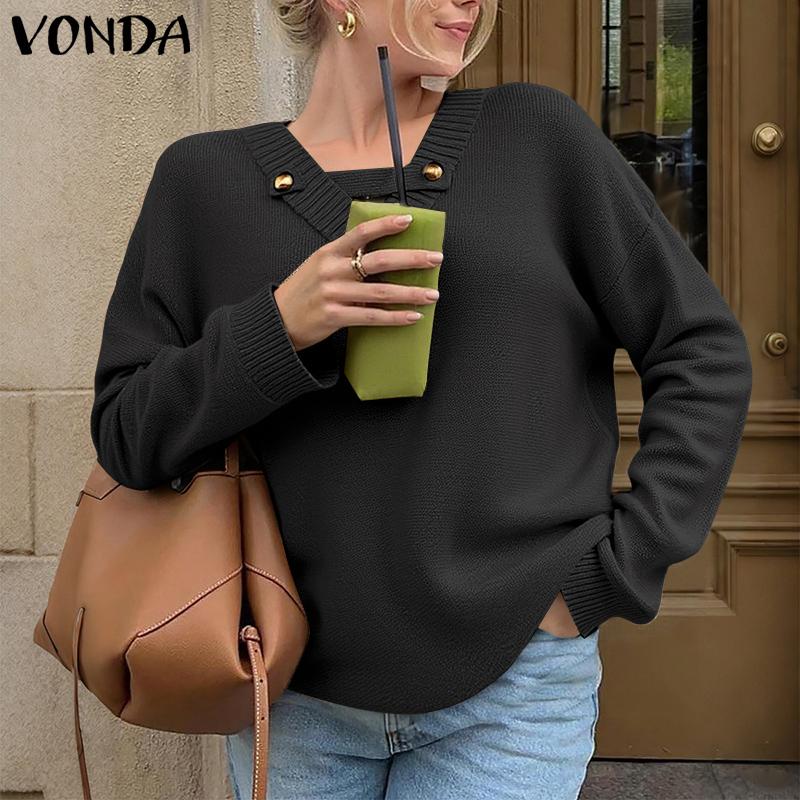 

VONDA Женские повседневные топы с длинным рукавом и V-образным вырезом, трикотажные свитера M чёрный