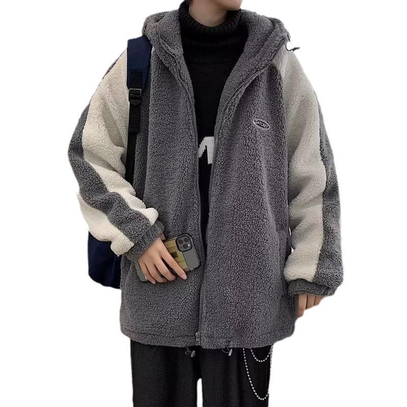 Men's Winter Sherpa Fleece Hooded Jacket - Korean Style Color Block Lambswool Patchwork