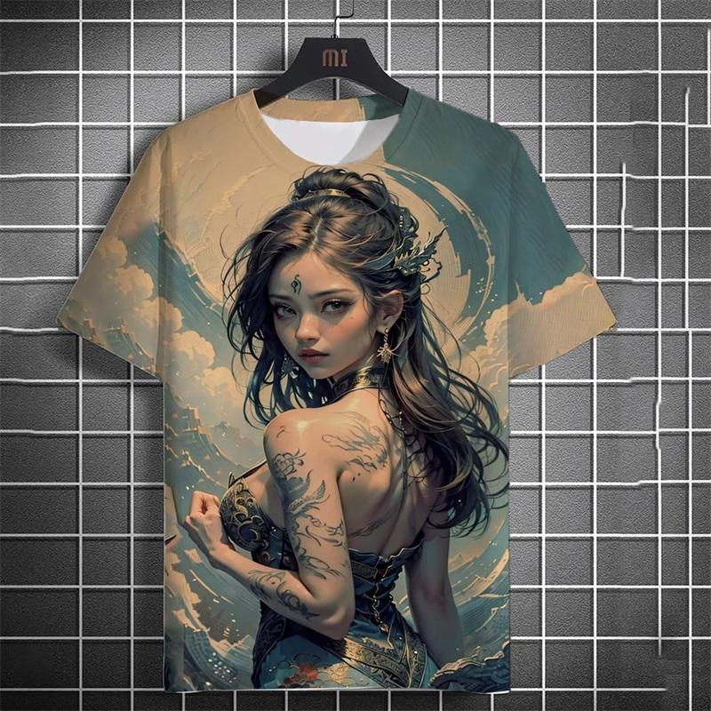 Full Print Beauty Girl Graphic T Shirt For Men Casual Short Sleeve Round Neck Loose Tshirts Tops Men's Oversized Tees Streetwear