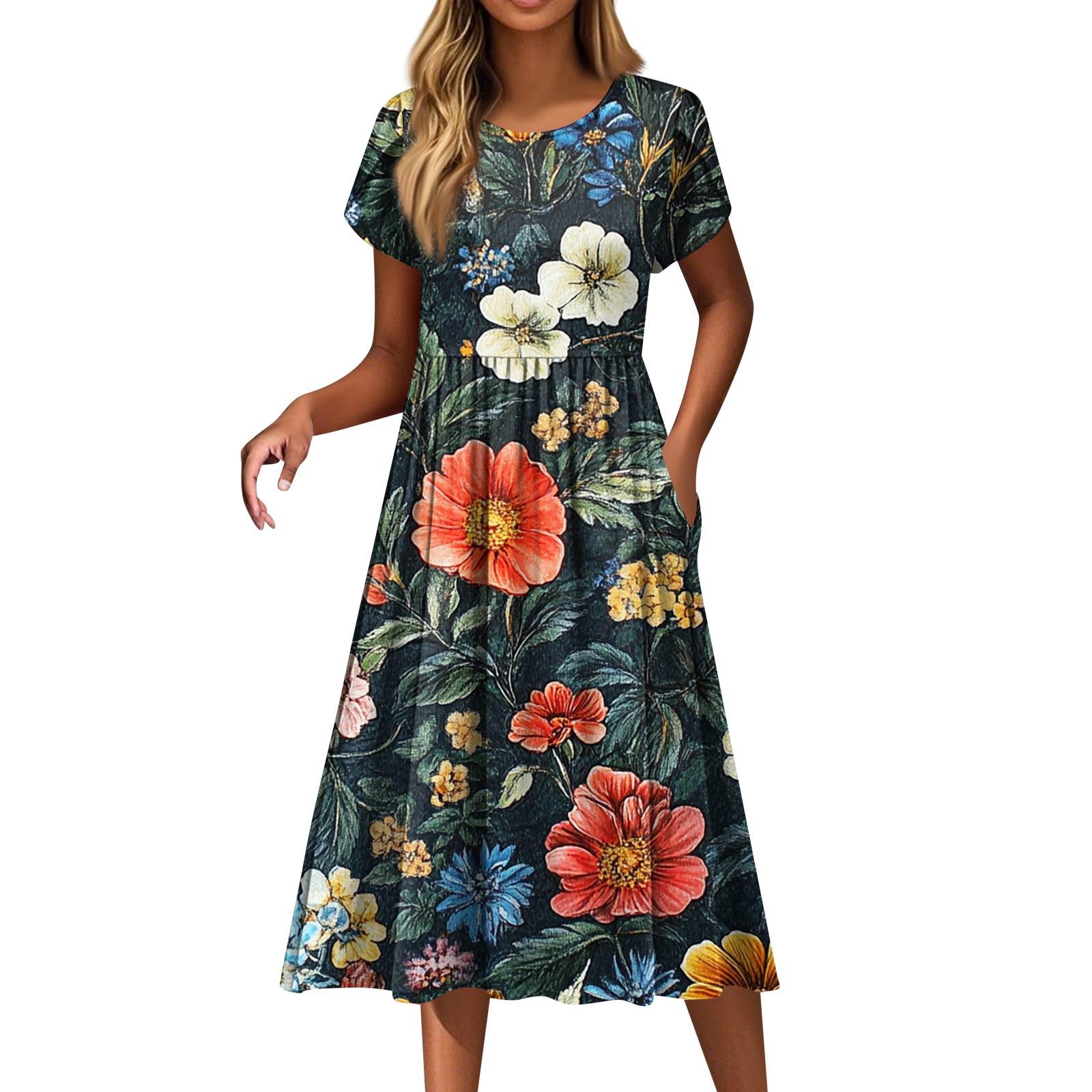 

Женские модные повседневные свободные платья с круглым вырезом и карманами с коротким рукавом XXL