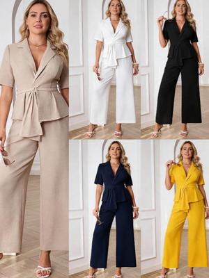 2026 Summer Women's Fashion V-neck Top & Wide-leg Pants Set