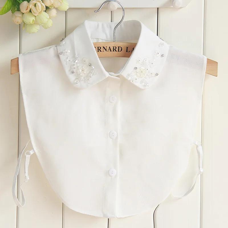Fashion Korean Chiffon Silver Beaded Fake Collars Women Removalbe False Collar Blouse Female Detachable Collars