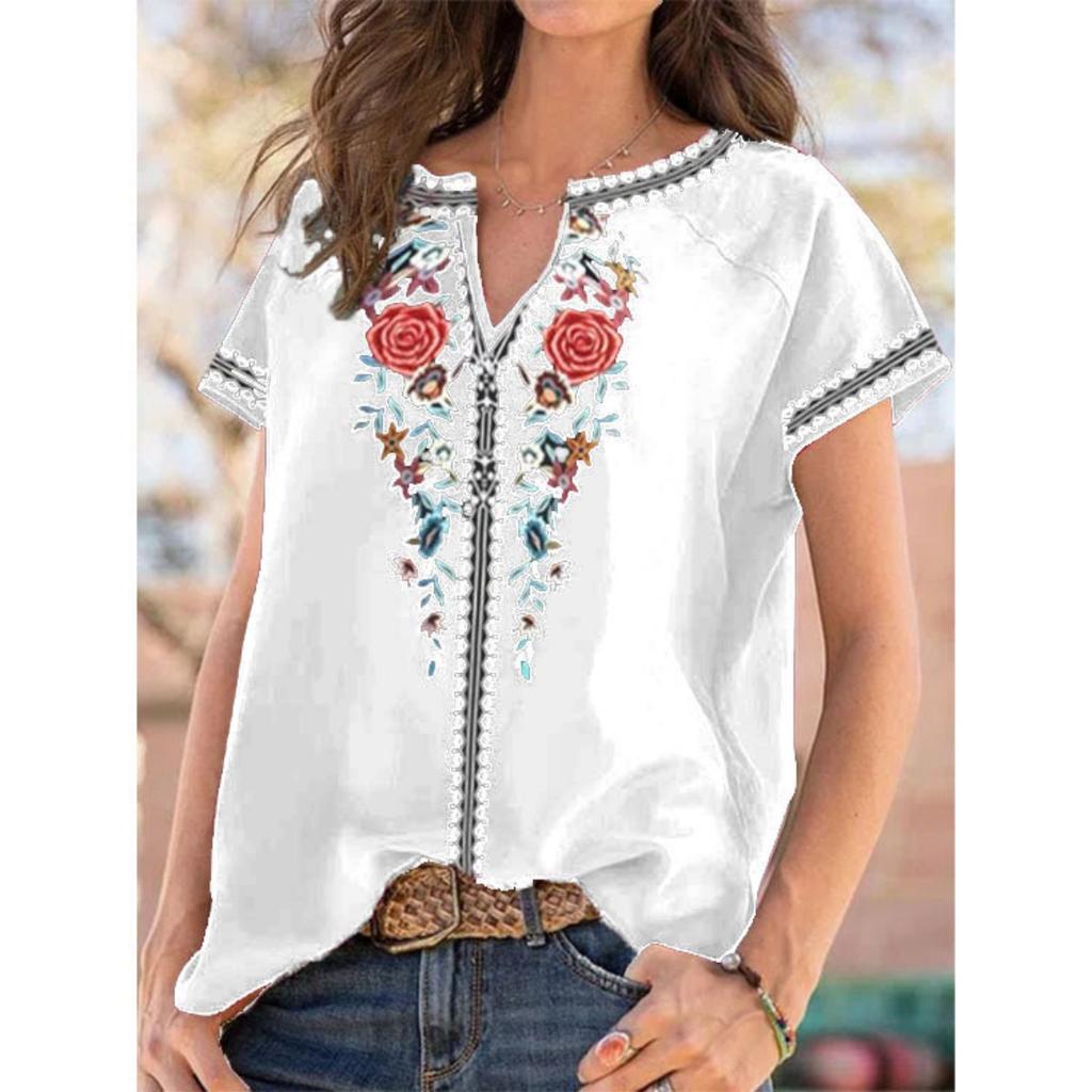 Summer New Ethnic Print Short Sleeve T-Shirt Top for Women, Hot Selling Popular Female Clothing
