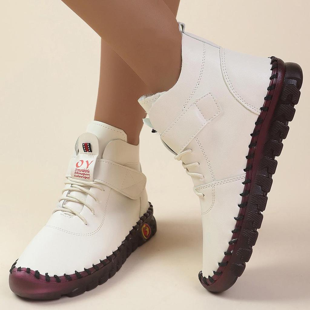 2024 Autumn/Winter Plus Size Women’s Leather Ankle Boots, Round Toe Flat Heel Velcro Style