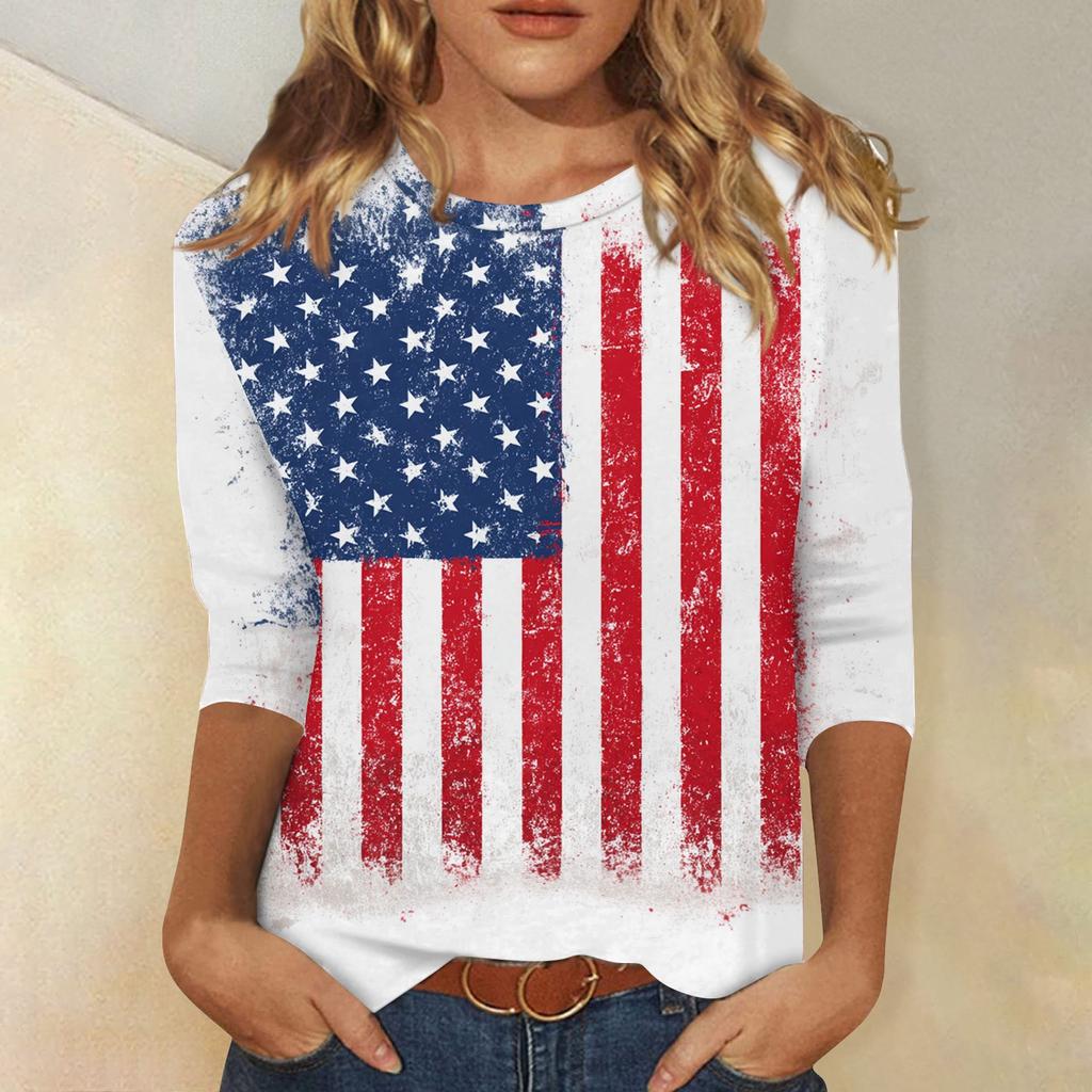 T-shirt Top Décontracté Tendance pour Femme Imprimé Drapeau Américain et Étoiles Fête de l'Indépendance Manches Trois-Quarts Col Rond