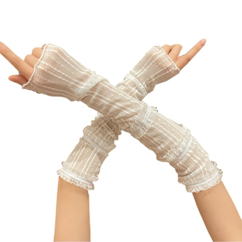 Sunproof Arm Sleeves Holiday Women Girl Arm Cover with Pleated Lace Trim Breathable Arm Cover for Holiday Driving