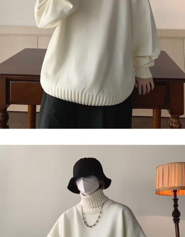 Men's White High-Neck Sweater - Cozy Oversized Knit Autumn/Winter Pullover Base Layer