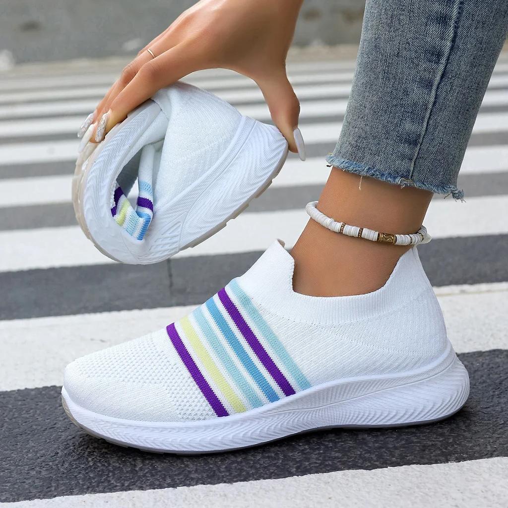 Moda arco-íris listrado tricô tênis para mulheres malha respirável plataforma sapatos esportivos mulher plus size antiderrapante casual tênis sapatos