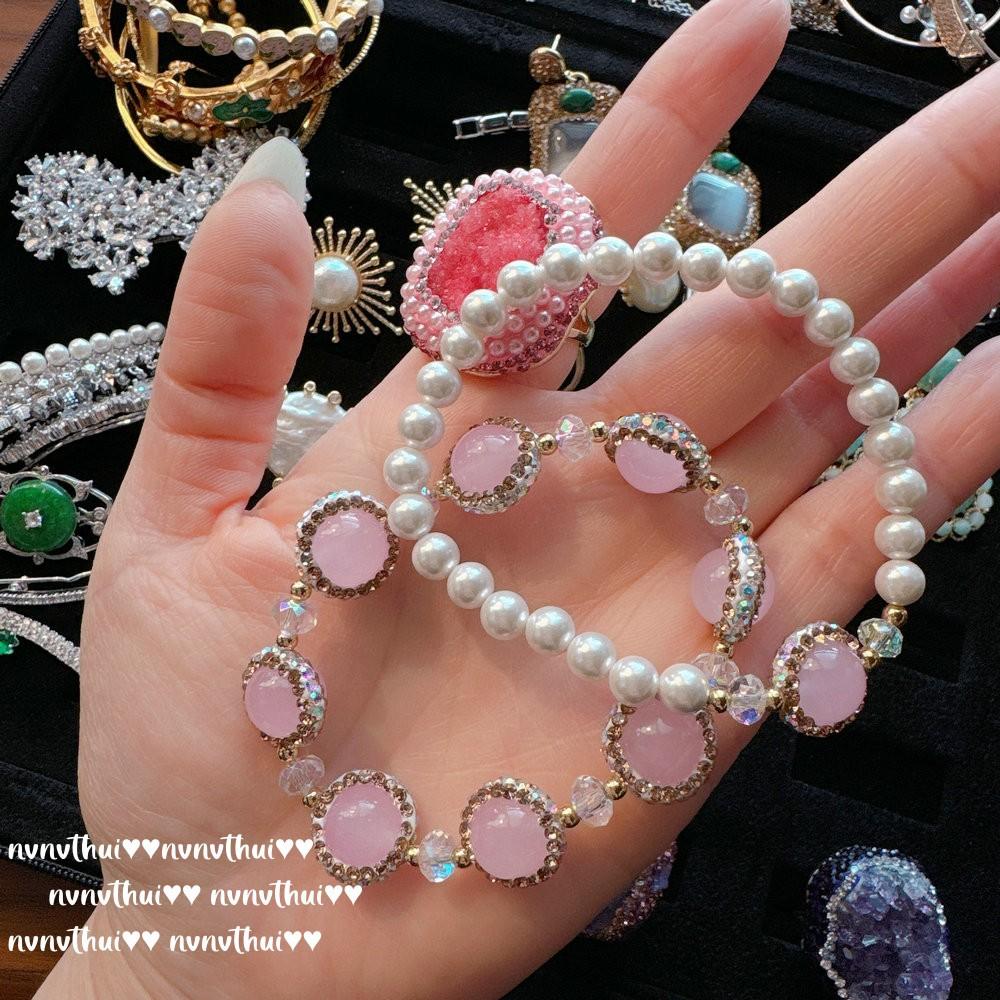 Nvnvthui Papalacha Tourmaline Crystal Bead Bracelet, Peach Blossom Powder Pearl Ring, Mapei Earrings