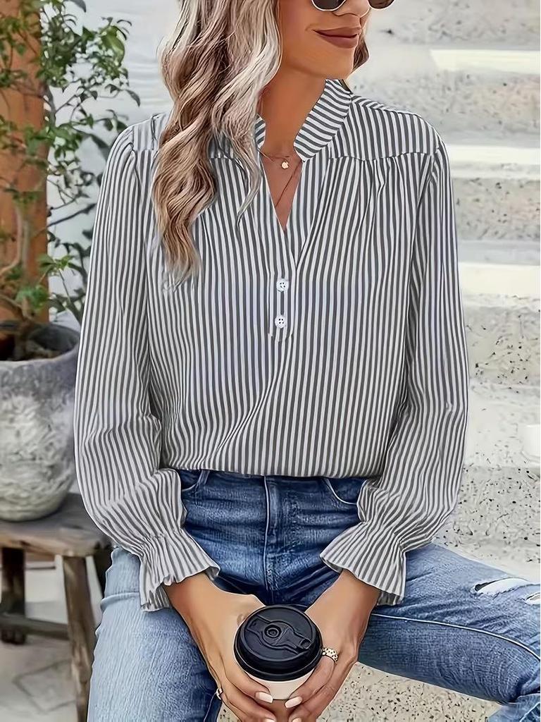 European & American Women's Striped Puff Sleeve Shirt, Autumn 2025 - New Design, Round Neck