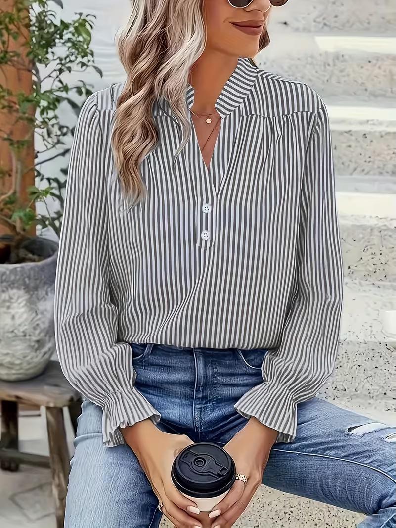 

European & American Women s Striped Puff Sleeve Shirt, Autumn 2025 - New Design, Round Neck XXL сірий колір