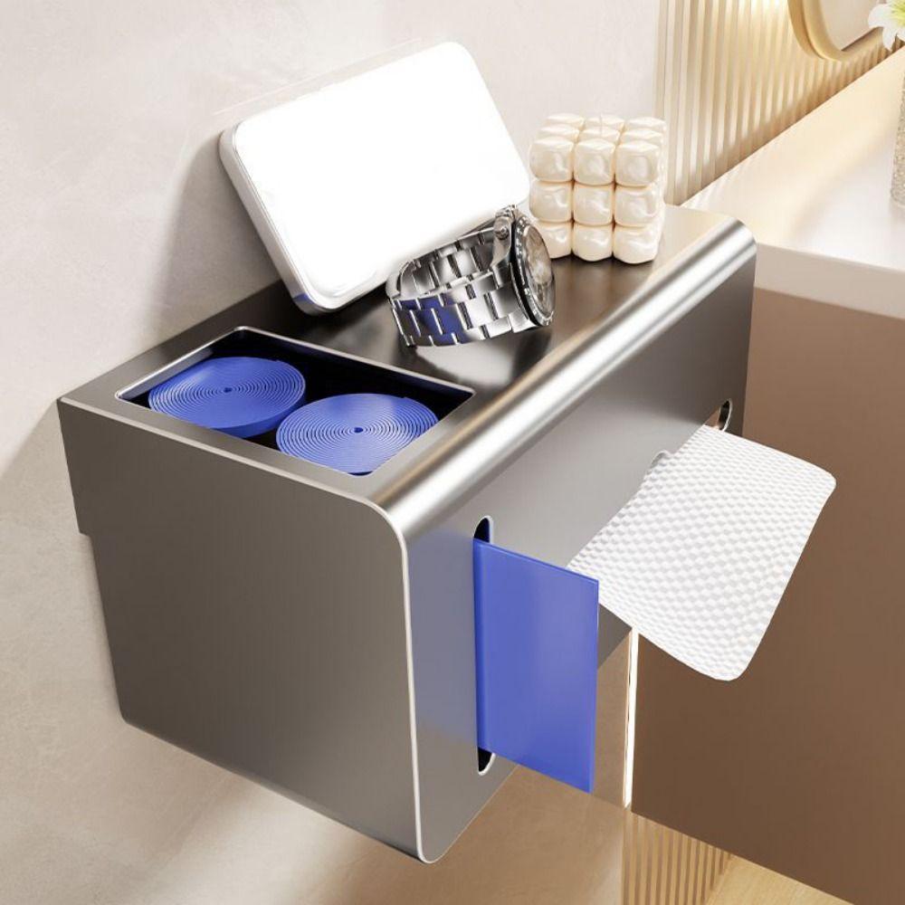 Carbon Steel Toilet Paper Holder Punch Free Waterproof Bathroom Tissue Self Wall Mounted with Trash Bag Holder Toilet Paper Box