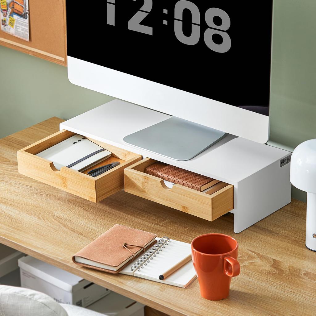 SoBuy Monitor Desktop Wooden Computer PC Desktop Width 47 x Depth 18 x Height Keyboard Storage with Desktop Desktop Monitor Tabletop Display PC Stand